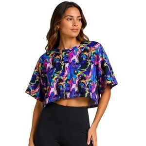 Crop Top‎ Women Medium Multi Color Psychedelic Swirl Neon Festival Tee